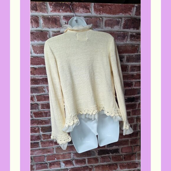 Curio Cardigan S | Vintage 80s Cream Knit Chiffon Ruffle Coquette Cottagecore - Picture 2 of 6